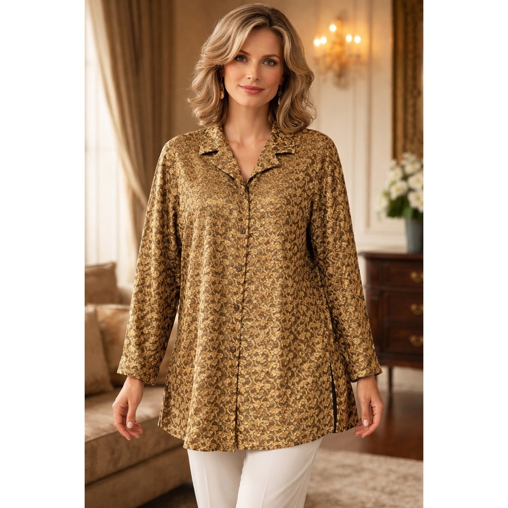 Diane Von Fustenberg Gold Jacquard Oversized SZ Med. Blouse Longline Luxury Glam